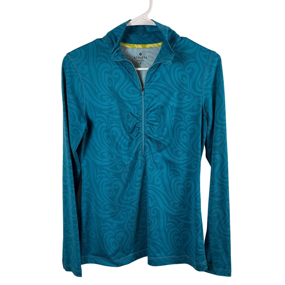 Athleta Quarter Zip Pullover S Teal Ruched Thumbhole Activewear Yoga Workout Gym